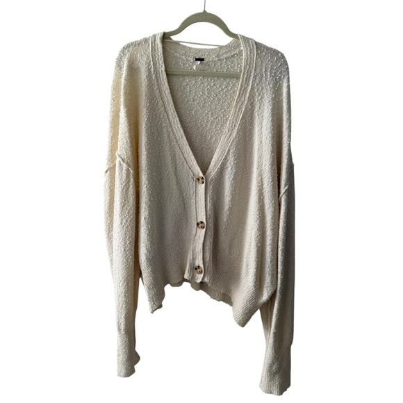 Free People Found My Friend Knit Sweater Cardigan Cream Boxy Size Large - Picture 2 of 14